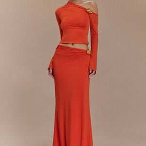 Meshki Orange Two-Piece One-Shoulder Crop Top & Maxi Skirt